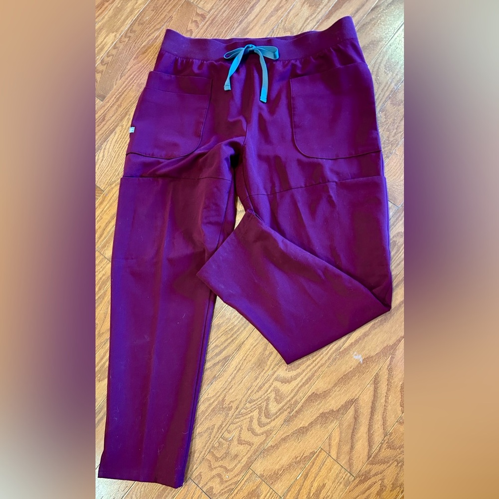 FIGS Burgundy straight (?) Pants with Teal Drawstring